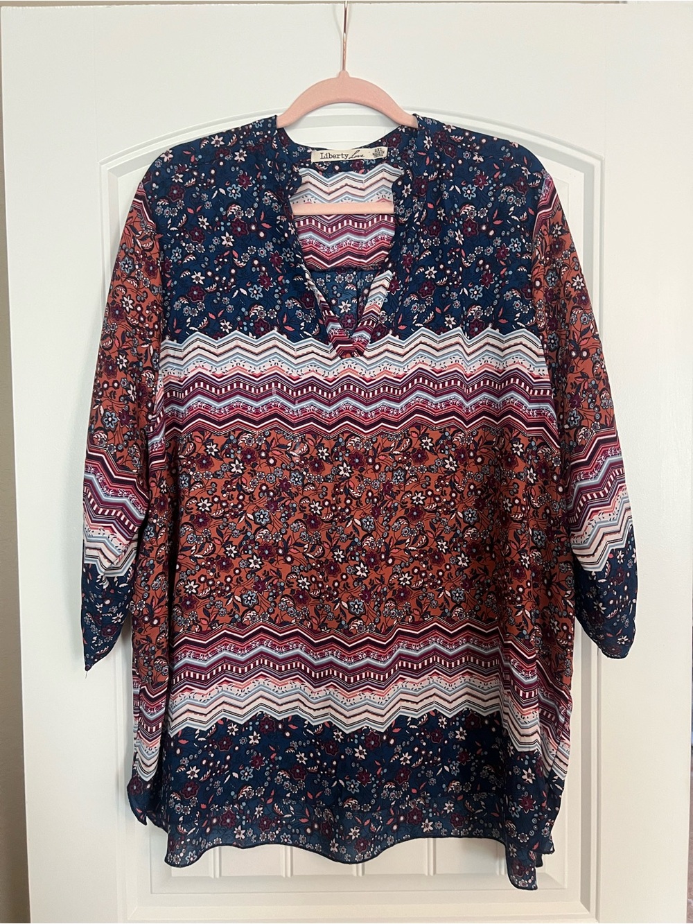 Liberty Love Navy and Rust Mixed Print V-Neck Blouse